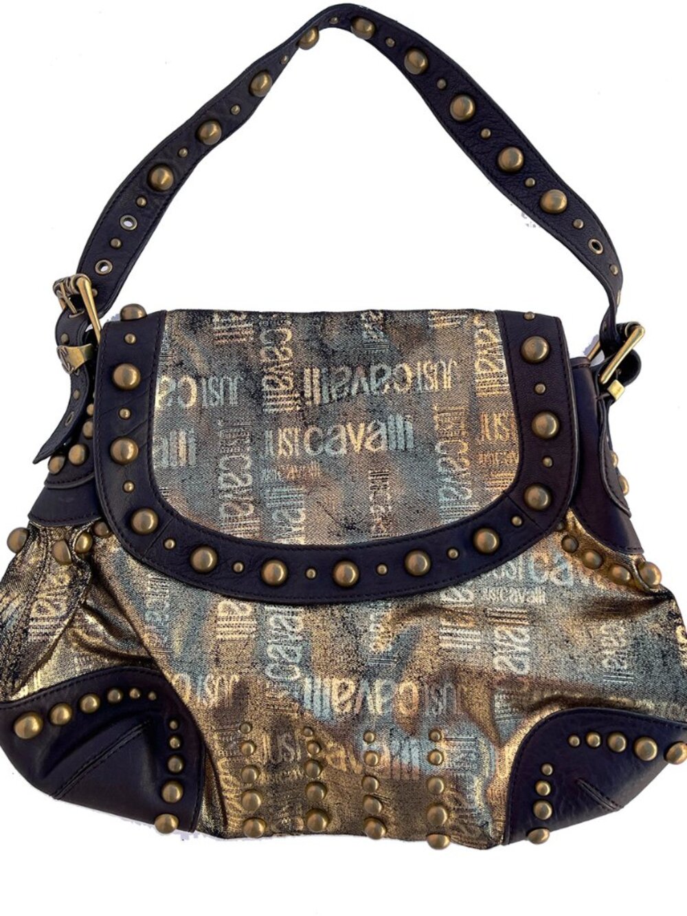 MINT CONDITION AUTHENTIC JUST CAVALLI GOLD BROCADE STUDS HOBO SHOULDER BAG